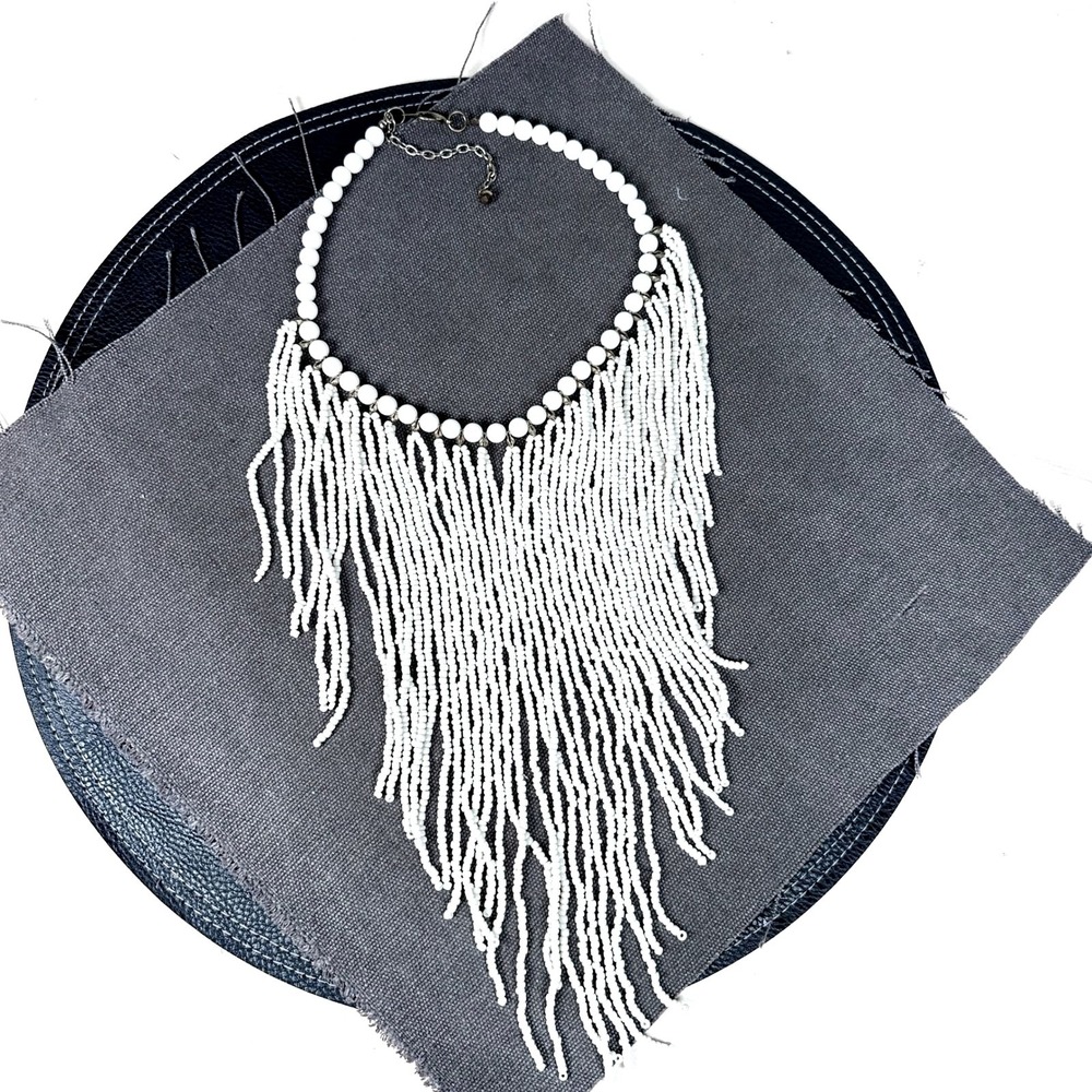Vintage White Seed Bead Choker Bib Necklace Southwestern Fringe Boho Statement